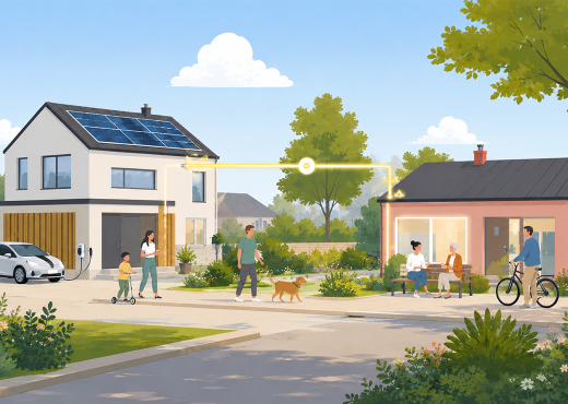 Illustration: Wohngebäude mit PV-Anlagen auf den Balkonen, Erwachsene und Kinder, Fahrräder und ein Elektroauto. Nebenan ein Feuerwehrgebäude mit Feuerwehrauto. Im Hintergrund Windräder.